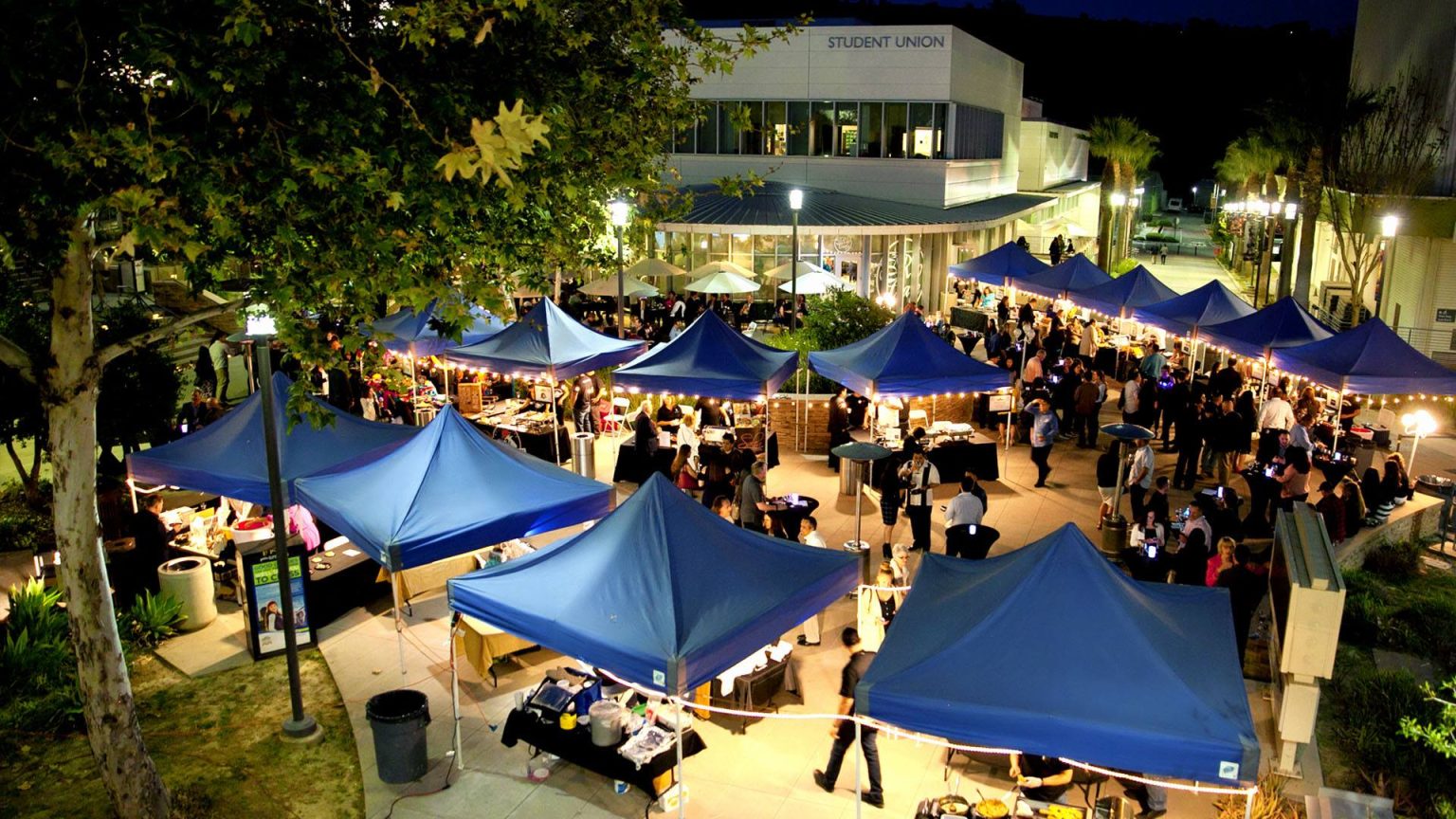 Blue event tents set up on the Rio campus