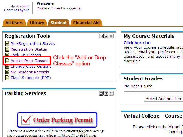 Image showing to click the "Add or Drop Classes" option.