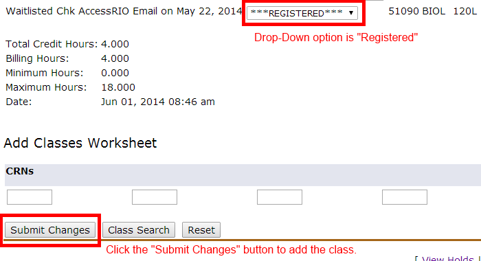 Image showing to make sure the "Registered" option is selected and then to click the "Submit Changes" button.