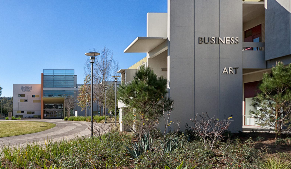 Exterior photo of Rio Hondo College campus emphasizing Business and Art building signage