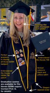 Girl Graduating with smile and Graphic Design patches